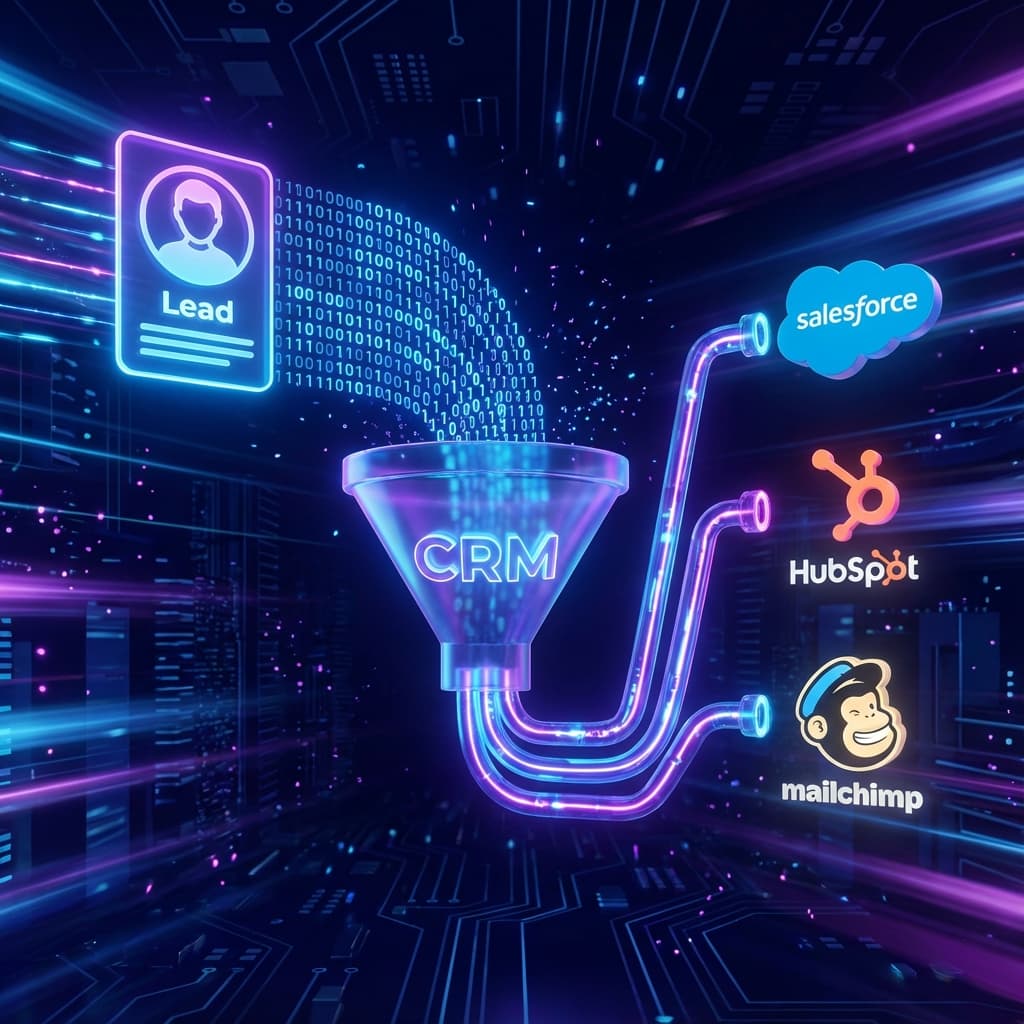 Visualization of digital card data flowing into Salesforce and HubSpot CRMs