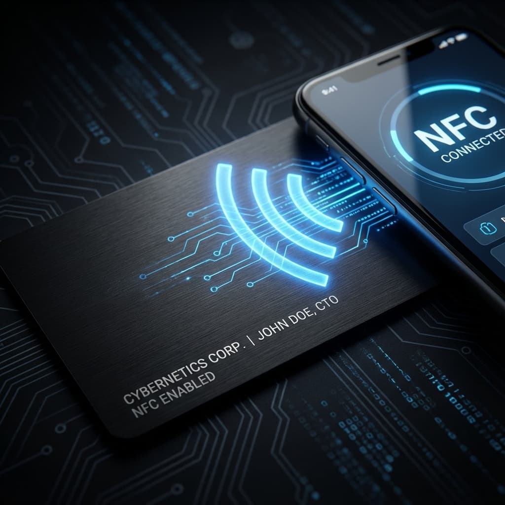 Close up of premium metal NFC card glowing with digital connection waves