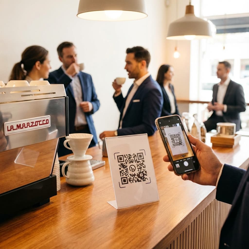Marketing display in a coffee shop featuring a custom QR code for lead capture